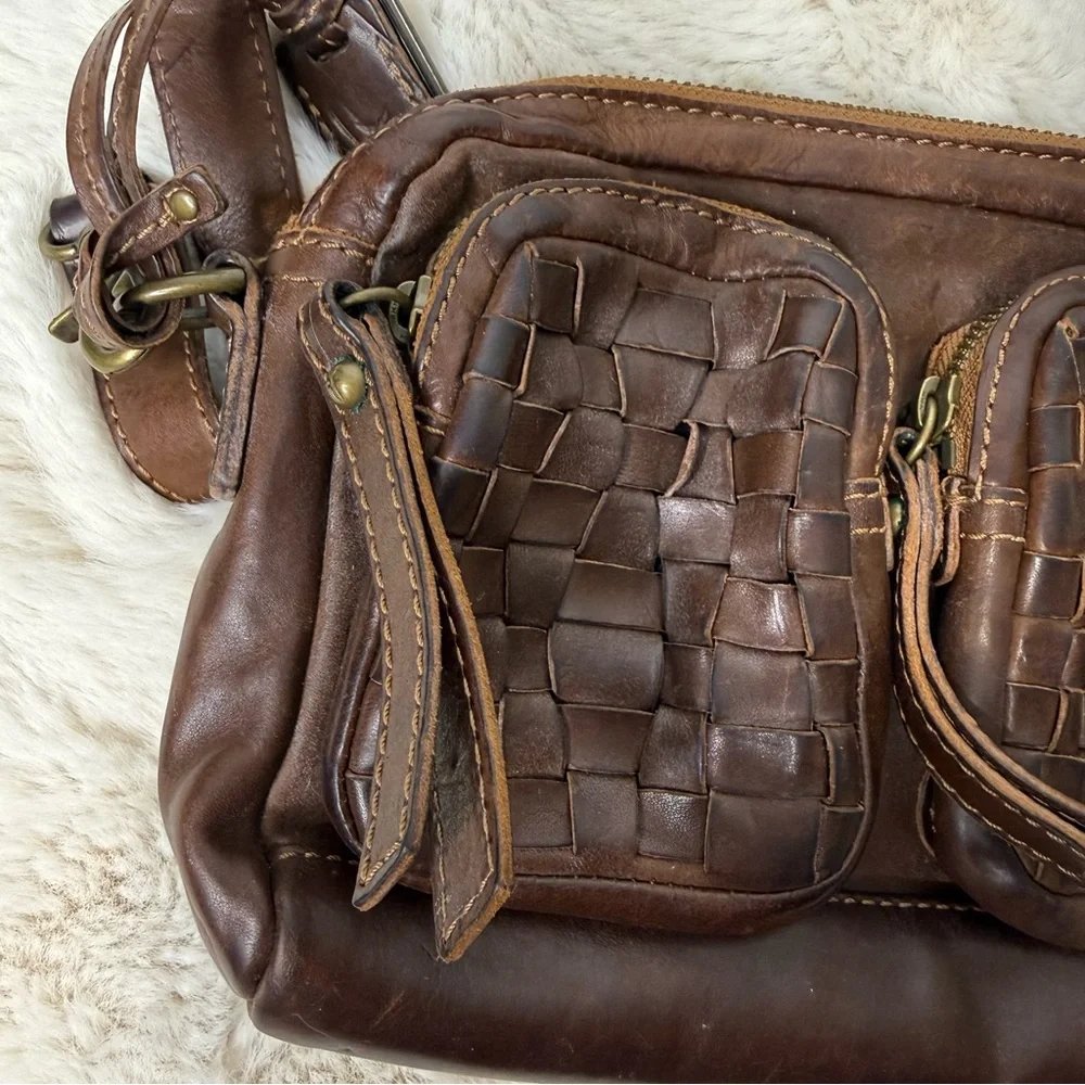 Vintage Frye‎ Dark Brown Rich Leather Sachel Bag Basket Weave Style Pockets